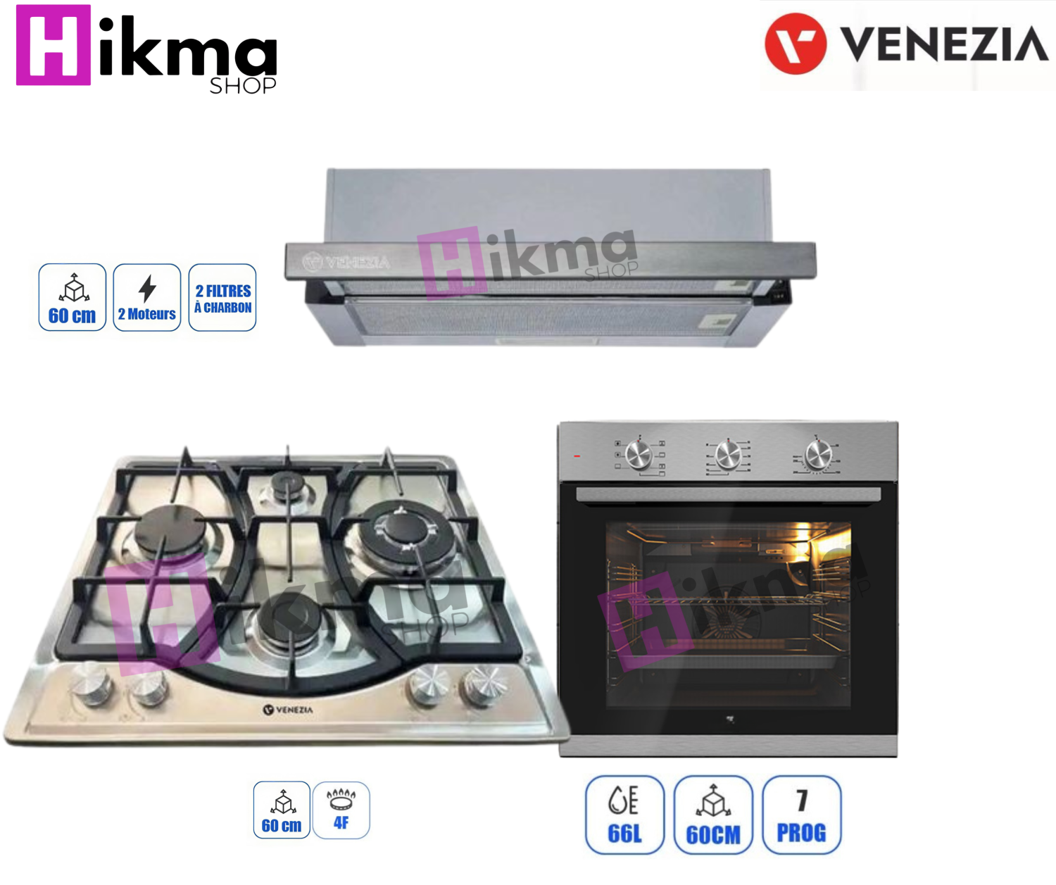 Pack trio de cuisson inox encastrable 4f 60 cm venezia Vz46013 + H60T + vz320